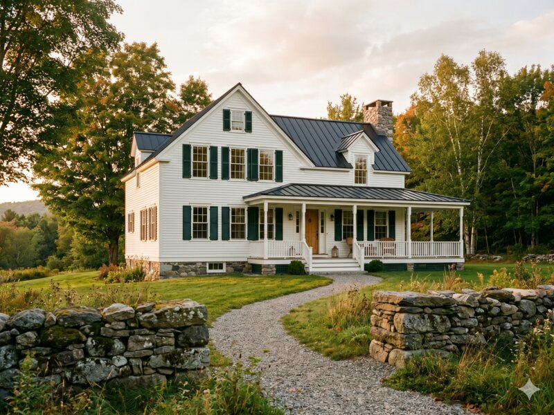 Restored New England farmhouse exterior in the Berkshires